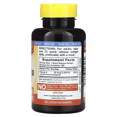 Witaminy Sundance, D3 o dużej mocy, 25 mcg (1000 IU), 300 Softgels Softgels Witaminy Sundance, D3 o dużej mocy, 25 mcg (1000 IU), 300 Softgels Softgels