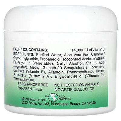 World Organic Vitamin Aloe Cream, Fragrance Free, 4oz