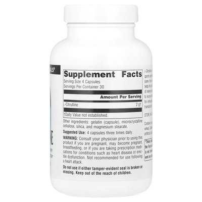 Źródło Naturals, L-cytrulina, 500 mg, 120 kapsułek (125 mg na kapsułkę)