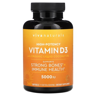 Viva Naturals, Vitamin D3 with Organic Liquid Coconut Oil, High-Potency, 5,000 IU, 360 Softgels Viva Naturals, Vitamin D3 with Organic Liquid Coconut Oil, High-Potency, 5,000 IU, 360 Softgels