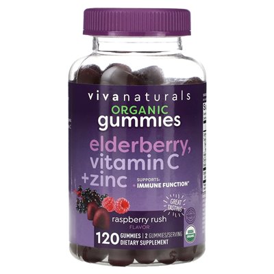Viva Naturals, ekologiczne zniszczenie, witamina C + cynk, Raspberry Rush, 120 gummy