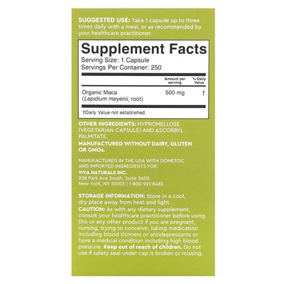 Viva Naturals, peruwiańska maka, żelatynizowana, 500 mg, 250 kapsułek warzywnych Viva Naturals, peruwiańska maka, żelatynizowana, 500 mg, 250 kapsułek warzywnych