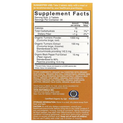 Viva Naturals, organiczna kurkumina kurkumina z czarnym pieprzem, 1500 mg, 90 tabletek (500 mg na tablet)