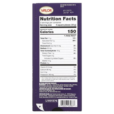 Valor, 0% added sugar, milk chocolate, 3.5 oz (100 g)