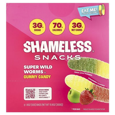 Shameless Snacks, Super Wild Worms® Gummy Candies, Green Apple & Strawberries, 6 Bags, 1.8 oz (50 g) Each