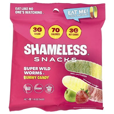 Shameless Snacks, Super Wild Worms® Gummy Candies, Green Apple & Strawberries, 6 Bags, 1.8 oz (50 g) Each