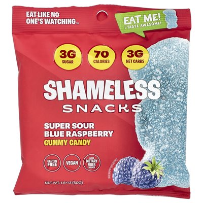 Bezwstydne przekąski, gumowate cukierki, super kwaśne malinę, 6 toreb, 1,8 uncji (50 g) każda Bezwstydne przekąski, gumowate cukierki, super kwaśne malinę, 6 toreb, 1,8 uncji (50 g) każda