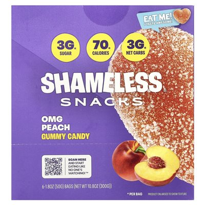 Shameless Snacks, Gummy Candies, OMG Peach, 6 Bags, 1.8 oz (50 g) Each