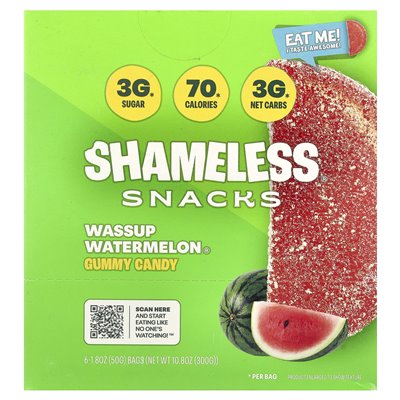 Shameless Snacks, Wassup Watermelon®, Gummibonbons, 6 Beutel, je 1,8 oz (50 g)