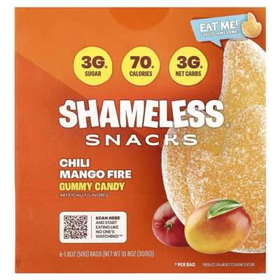 Shameless Snacks, Gummy Candies, Chili Mango Fire, 6 Bags, 1.8 oz (50 g) Each