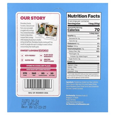 Shameless Snacks, Gummibonbons, Rote Himbeere, Pfadfinderinnen, 6 Beutel, je 1,8 oz (50 g)