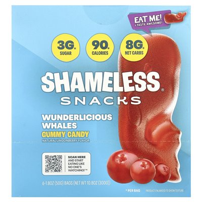 Shameless Snacks, Gummibonbons, Wunderlicious Whales, 6 Beutel, je 1,8 Unzen (50 g)