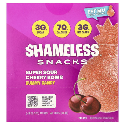 Shameless Snacks, Super Sour Gummy Candies, Cherry Bomb, 6 Bags, 1.8 oz (50 g) Each