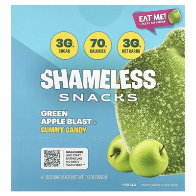 Shameless Snacks, Gummy Candies, Green Apple Blast®, 6 Bags, 1.8 oz (50 g) Each