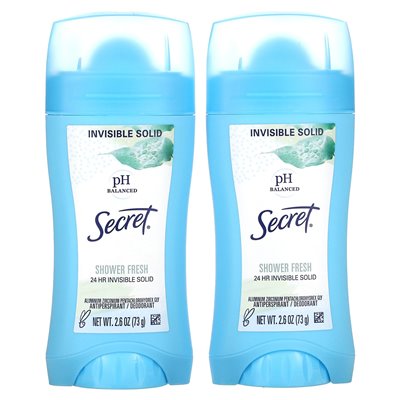 2 Secrets, pH Zbalansowany Antyperspirant/Dezodorant, Niewidzialna Ciężka, Prysznic Świeży, Podwójny Pakiet, 2.6 oz (73 g) Każdy