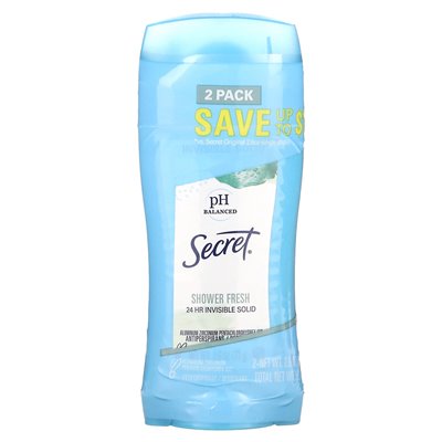 2 Secrets, pH Zbalansowany Antyperspirant/Dezodorant, Niewidzialna Ciężka, Prysznic Świeży, Podwójny Pakiet, 2.6 oz (73 g) Każdy