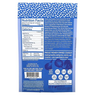 Suncore Foods, Blaue Schmetterlingserbse, Super-Farbpulver, 3,5 oz (99 g)