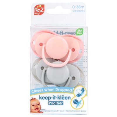 Razbaby, smoczkier Keep-it-Kleen, 0-36m, różowy i szary, 2 smoczki