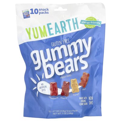 Yumearth, Glutenfreie Gummibärchen, Erdbeere, Kirsche, Mango, Pfirsich, 10 Snackpackungen, 0,7 oz (198 g)