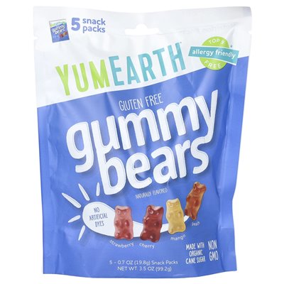 Yumearth, bezglutenowe gumowate niedźwiedzie, truskawki, wiśnia, mango, brzoskwini, 5 opakowań z przekąskami, 0,7 uncji (19,8 g)