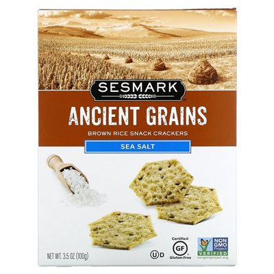Sesmark, starożytne ziarna, brązowe krakersy z przekąskami ryżowymi, sól morska, 3,5 uncji (100 g)