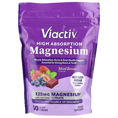Viactiv, wysokie magnez magnezu, mieszane jagody, 125 mg, 30 miękkich żuć