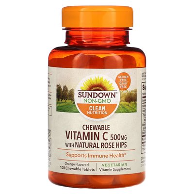 Sundown Naturals, witamina C z naturalnymi biodrami różowymi, pomarańczowo, 500 mg, 100 tabletek do żucia