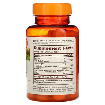 Sundown Naturals, witamina C z naturalnymi biodrami różowymi, pomarańczowo, 500 mg, 100 tabletek do żucia