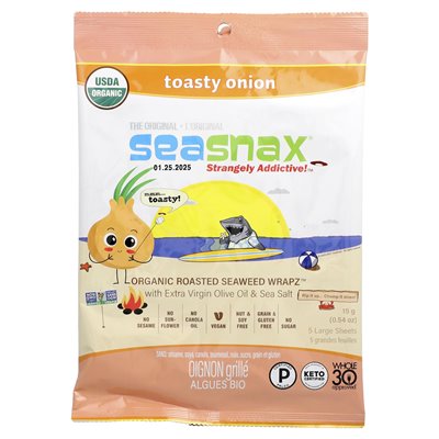Seasnax, Organiczne pieczone wodorosty Wrapz z oliwą z oliwek z pierwszego tłoczenia i solą morską, cebulą, 5 dużych arkuszy, 0,