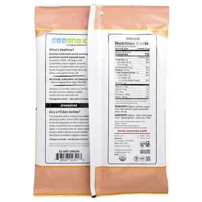 Seasnax, Organiczne pieczone wodorosty Wrapz z oliwą z oliwek z pierwszego tłoczenia i solą morską, cebulą, 5 dużych arkuszy, 0,