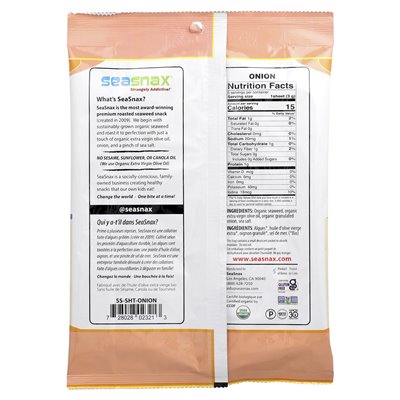 Seasnax, Organiczne pieczone wodorosty Wrapz z oliwą z oliwek z pierwszego tłoczenia i solą morską, cebulą, 5 dużych arkuszy, 0,
