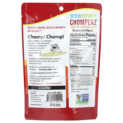 Seasnax, Chomperz, chrupiące chipsy z wodorostów, grilla, 1 uncja (30 g) Seasnax, Chomperz, chrupiące chipsy z wodorostów, grilla, 1 uncja (30 g)