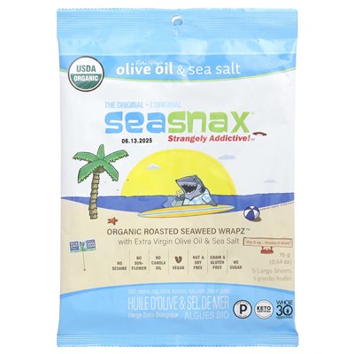 Seasnax, organiczne pieczone wodorosty Wapz ™, oliwa z oliwek z pierwszego tłoczenia i sól morska, 5 dużych arkuszy, 0,54 uncji 