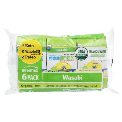 Seasnax, organiczne wodorosty, Wasabi, 6 paczek, 0,18 uncji (5 g)