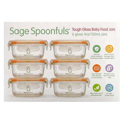 6 Pack, 4 oz (120 ml) każda, Sage Spoonfuls, Odporne szklane słoiki na jedzenie dla niemowląt