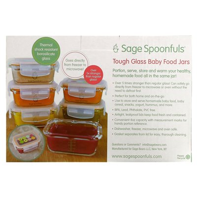 6 Pack, 4 oz (120 ml) każda, Sage Spoonfuls, Odporne szklane słoiki na jedzenie dla niemowląt