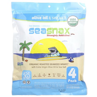 Seasnax, organiczne pieczone wodorosty Wapz ™, oliwa i sól morska, 20 dużych arkuszy, 2,16 uncji (60 g)
