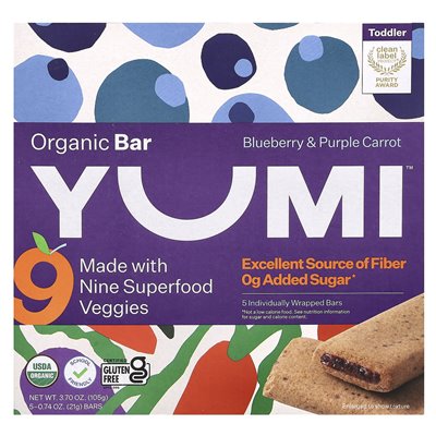 Yumi, organiczny bar, maluch, jagodowe i fioletowe marchewka, 5 barów, 0,74 uncji (21 g)