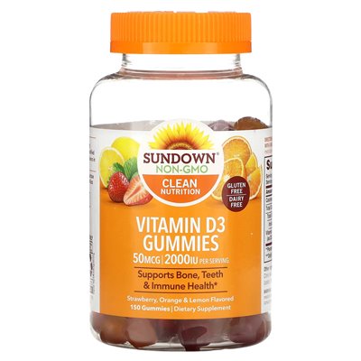 Sundown Naturals, Witamina D3, żelki, truskawka, pomarańcza i cytryna, 2000 jm, 150 żelek (25 mcg (1000 jm) w żelu) Sundown Naturals, Witamina D3, żelki, truskawka, pomarańcza i cytryna, 2000 jm, 150 żelek (25 mcg (1000 jm) w żelu)