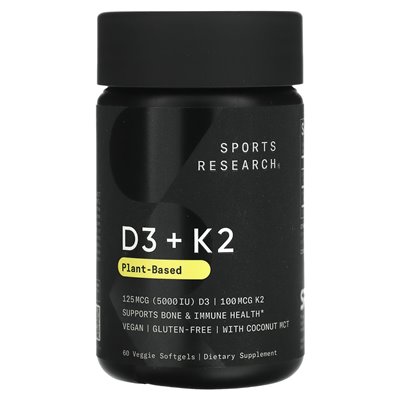 Sports Research, D3 + K2, na bazie roślin, 125 mcg/100 mcg, 60 wegetariańskich softgels