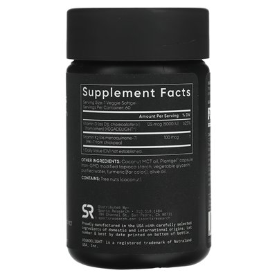 Sports Research, D3 + K2, na bazie roślin, 125 mcg/100 mcg, 60 wegetariańskich softgels
