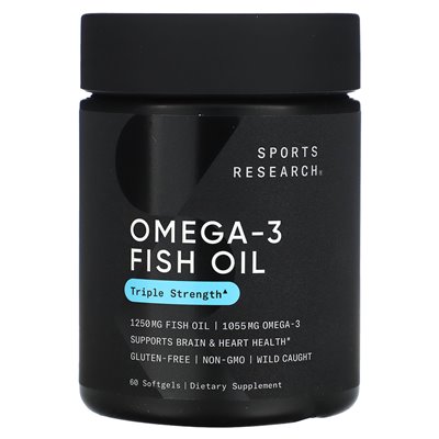 Badania sportowe, olej rybny Omega-3, potrójna siła, 60 miękkich
