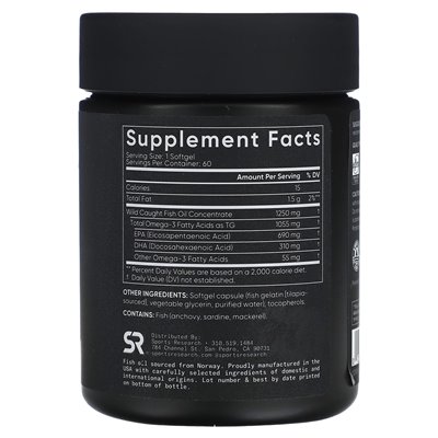 Badania sportowe, olej rybny Omega-3, potrójna siła, 60 miękkich