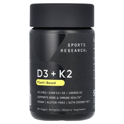 Sports Research, D3 + K2, na bazie roślin, 62,5 mcg/100 mcg, 60 wegetariańskich softgels