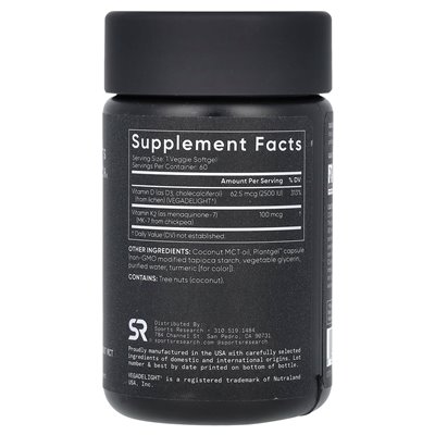 Sports Research, D3 + K2, na bazie roślin, 62,5 mcg/100 mcg, 60 wegetariańskich softgels
