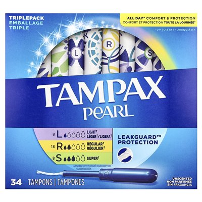 Tampax, tampony perłowe, potrójne paczka, światło/zwykłe/super, bezzapachowe, 34 tampony