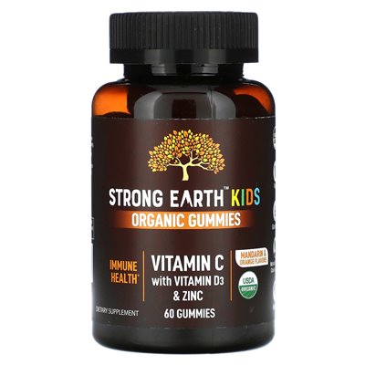 Yumvs, Strong Earth Kids Organiczne żelki, witamina C z witaminą D3 i cynkiem, mandaryńskim i pomarańczowym, 60 gumzy