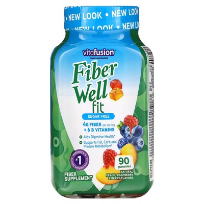 Vitafusion, Fiberwell Fit Witaminy, bez cukru, naturalna brzoskwinia, malina i jagoda, 90 Gummy