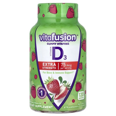 Vitafusion, gumowate witaminy, witamina D3, dodatkowa siła, naturalna truskawka, 75 mcg, 120 gummy (37,5 mcg na gumę)