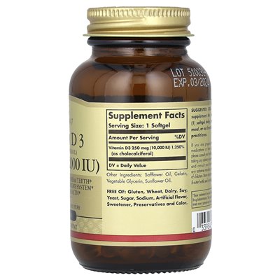 Solgar, Vitamin D3 (Cholecalciferol), 250 mcg (10.000 IE), 120 Kapseln